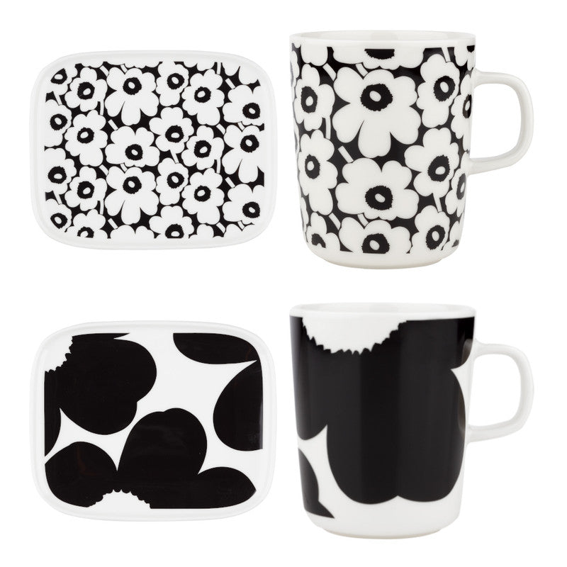 Marimekko Oiva/Unikko 4 Piece Mug and Plate Set - Black/White