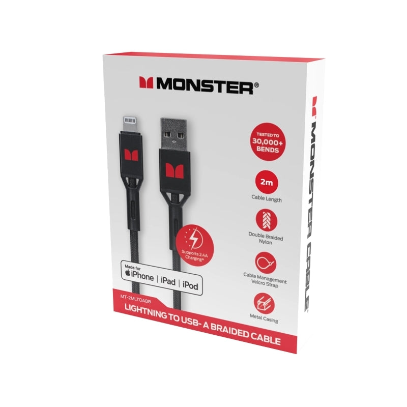 Monster Lightning to USB-A Braided Cable - Black 2m