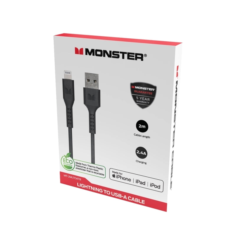 Monster Lightning to USB-A Thermo Plastic Elastometer Cable - Black 2m