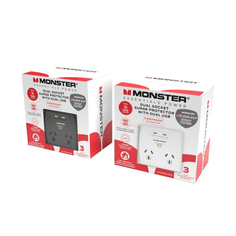Monster Dual Socket Surge Protector with Dual USB-C Ports - White