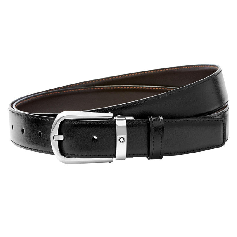 Montblanc Black/Brown Reversible Curved Horseshoe Palladium Finish Belt