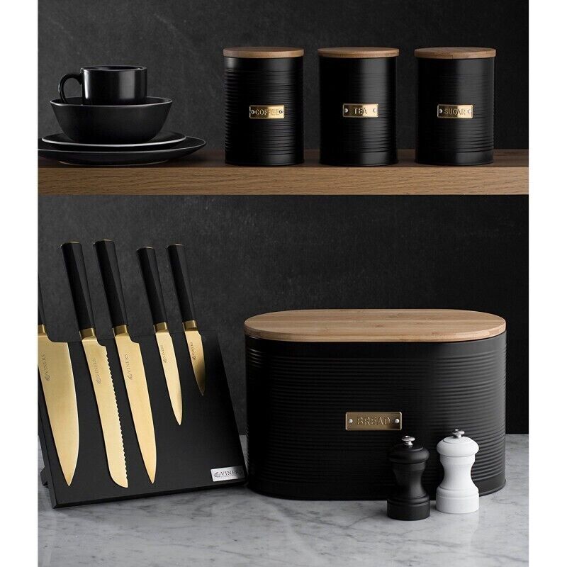 Typhoon 4Pc Living Otto Black Kitchen Tea/Coffee/Sugar Canister & Bread Bin Set