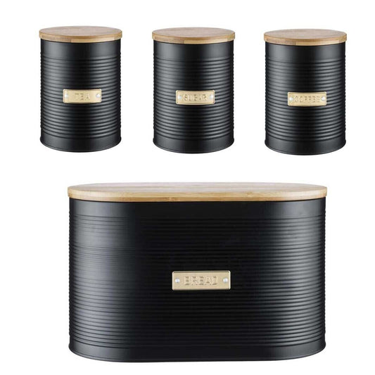 Typhoon 4Pc Living Otto Black Kitchen Tea/Coffee/Sugar Canister & Bread Bin Set