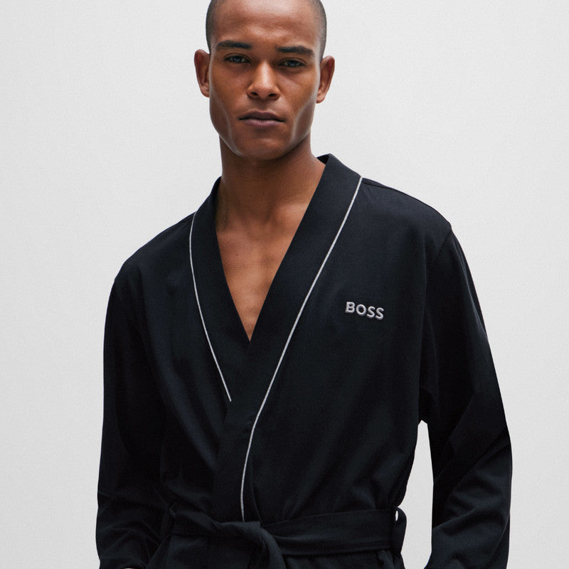 Hugo Boss Kimono Cotton-jersey Dressing Gown with Logo and Piping - Black