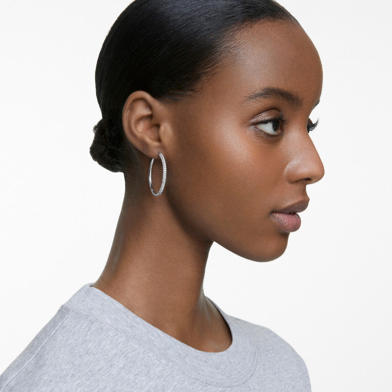 Swarovski Silver Tone Hoop Earrings, White, Rhodium-plated