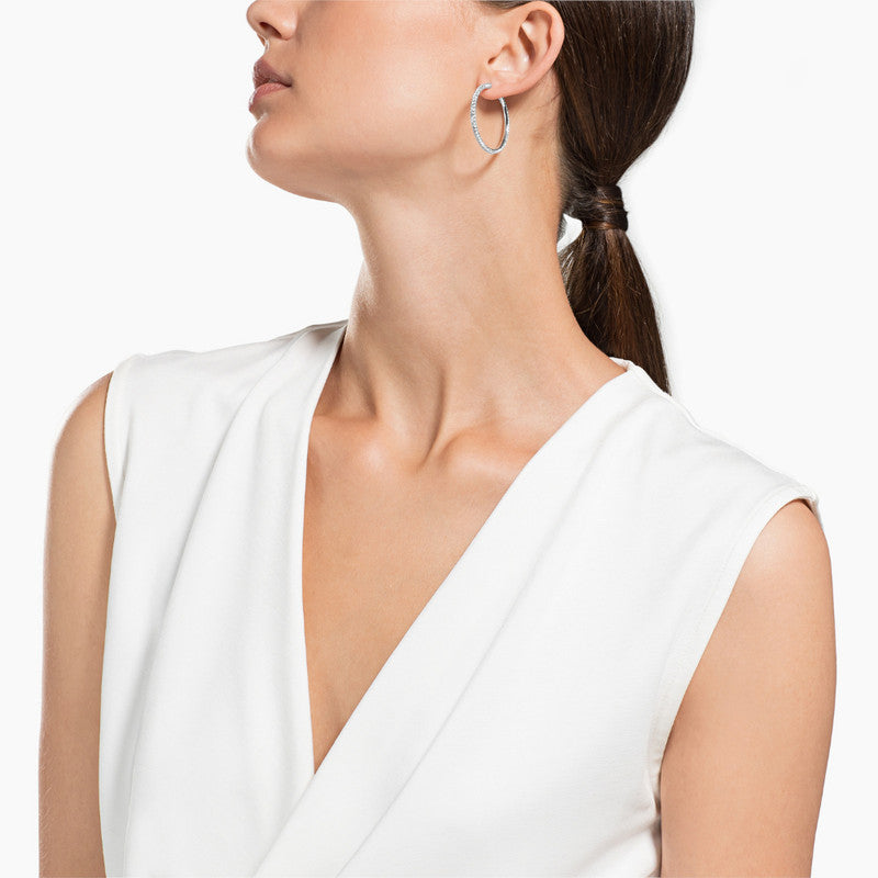 Swarovski Silver Tone Hoop Earrings, White, Rhodium-plated