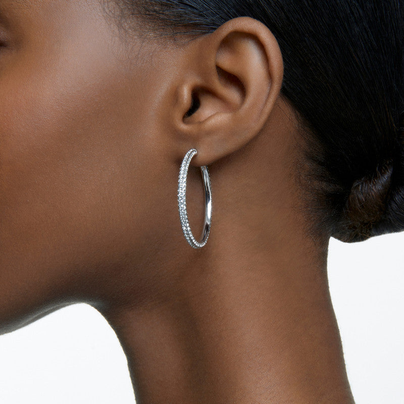 Swarovski Silver Tone Hoop Earrings, White, Rhodium-plated