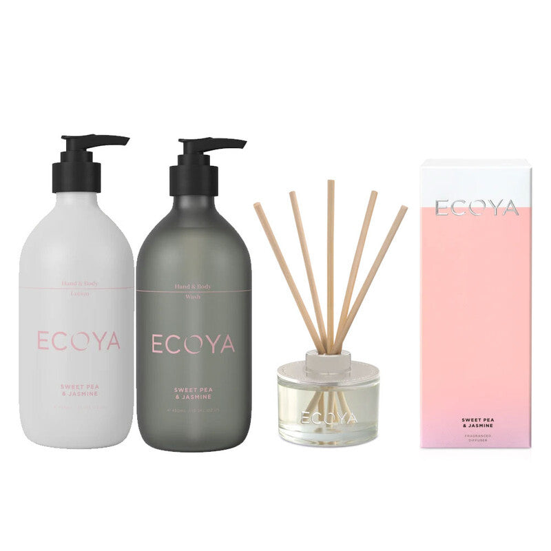 Ecoya Sweet Pea & Jasmine Bathroom set - 450ml Wash, Lotion, 50ml Diffuser