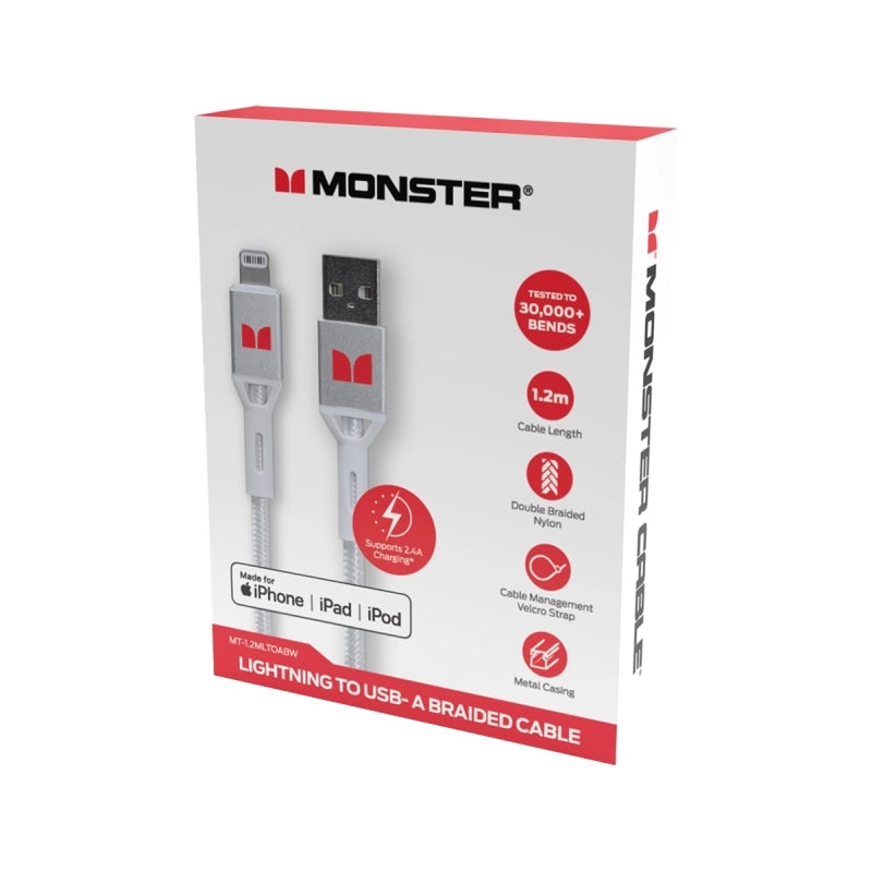 Monster Lightning to USB-A Braided Cable - White 1.2m