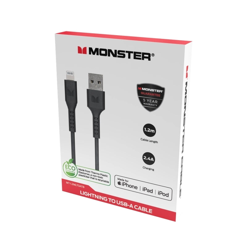 Monster Lightning to USB-A Thermo Plastic Elastometer Cable - Black 1.2m
