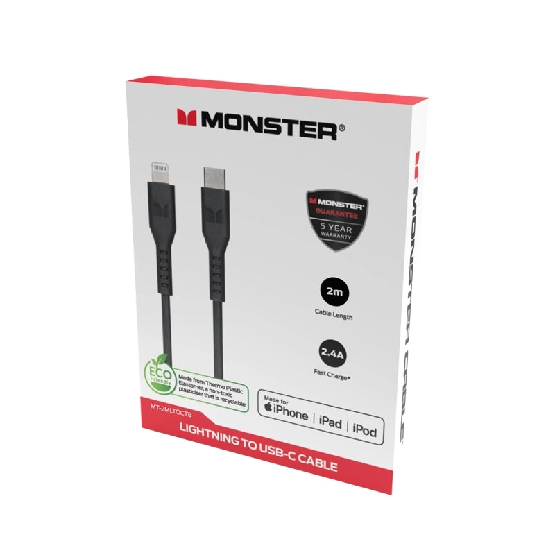Monster Lightning to USB-C Thermo Plastic Elastometer Cable - Black 2m