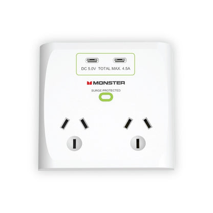 Monster Dual Socket Surge Protector with Dual USB-C Ports - White