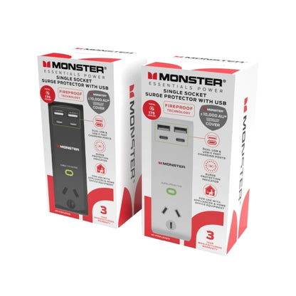 Monster Single Socket Surge Protector with USB-C & USB-A Ports - White