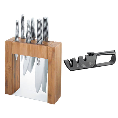 Global 79585 Ikasu Knife Block Set 7pc with Bonus Acuminate Adjustable Knife Sha