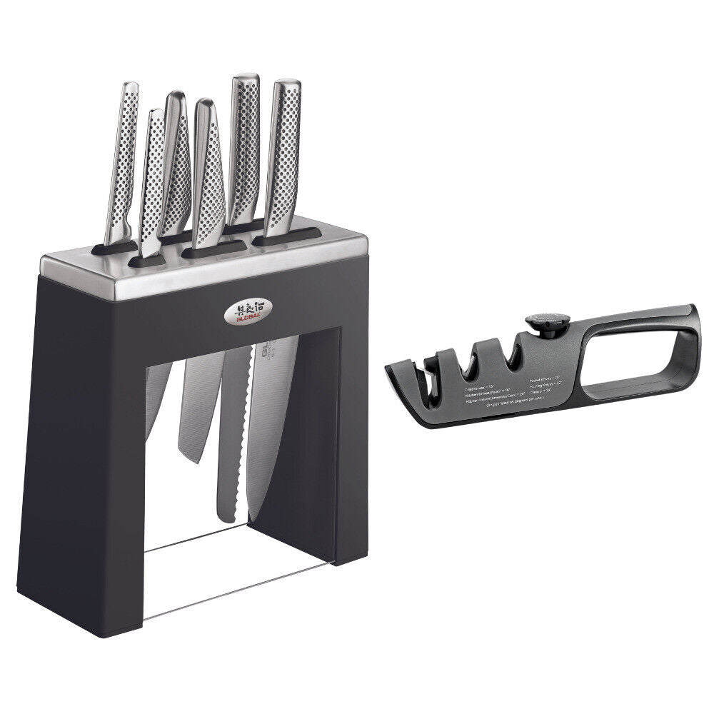 Global 79620 Kabuto 7pc Knife Block Set with Bonus Acuminate Adjustable Knife Sh