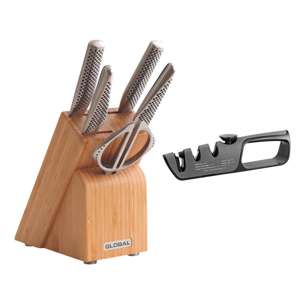 Global Takashi 6 Piece Knife Block Set - Bamboo with Bonus Acuminate Adjustable