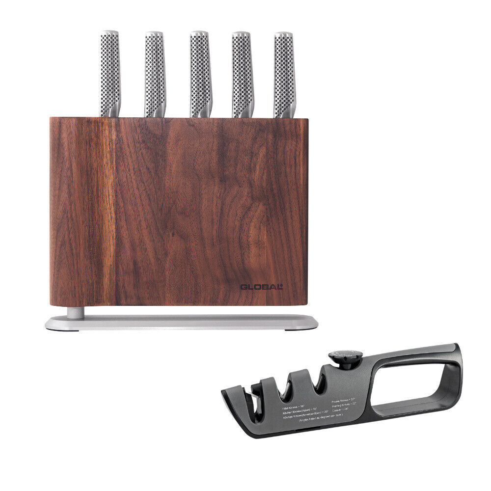 Global 79657 UKU 6 Piece Knife Block Walnut with Bonus Acuminate Adjustable Knif