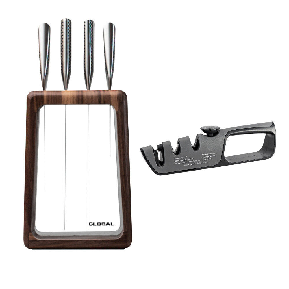 Global Hashira 5 Piece Knife Block Set - Walnut with Bonus Acuminate Adjustable