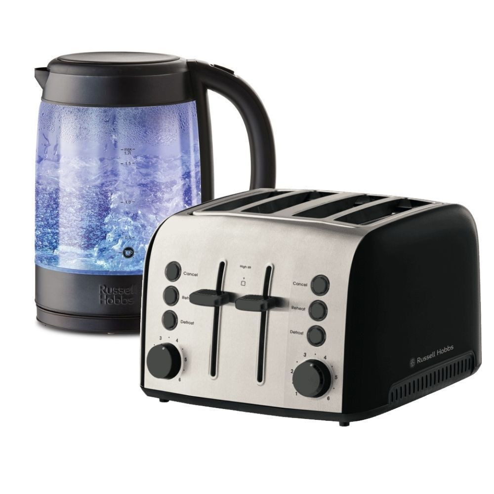 Russell Hobbs Brooklyn 1.7L Glass Kettle and 4-Slice Toaster Set - Black