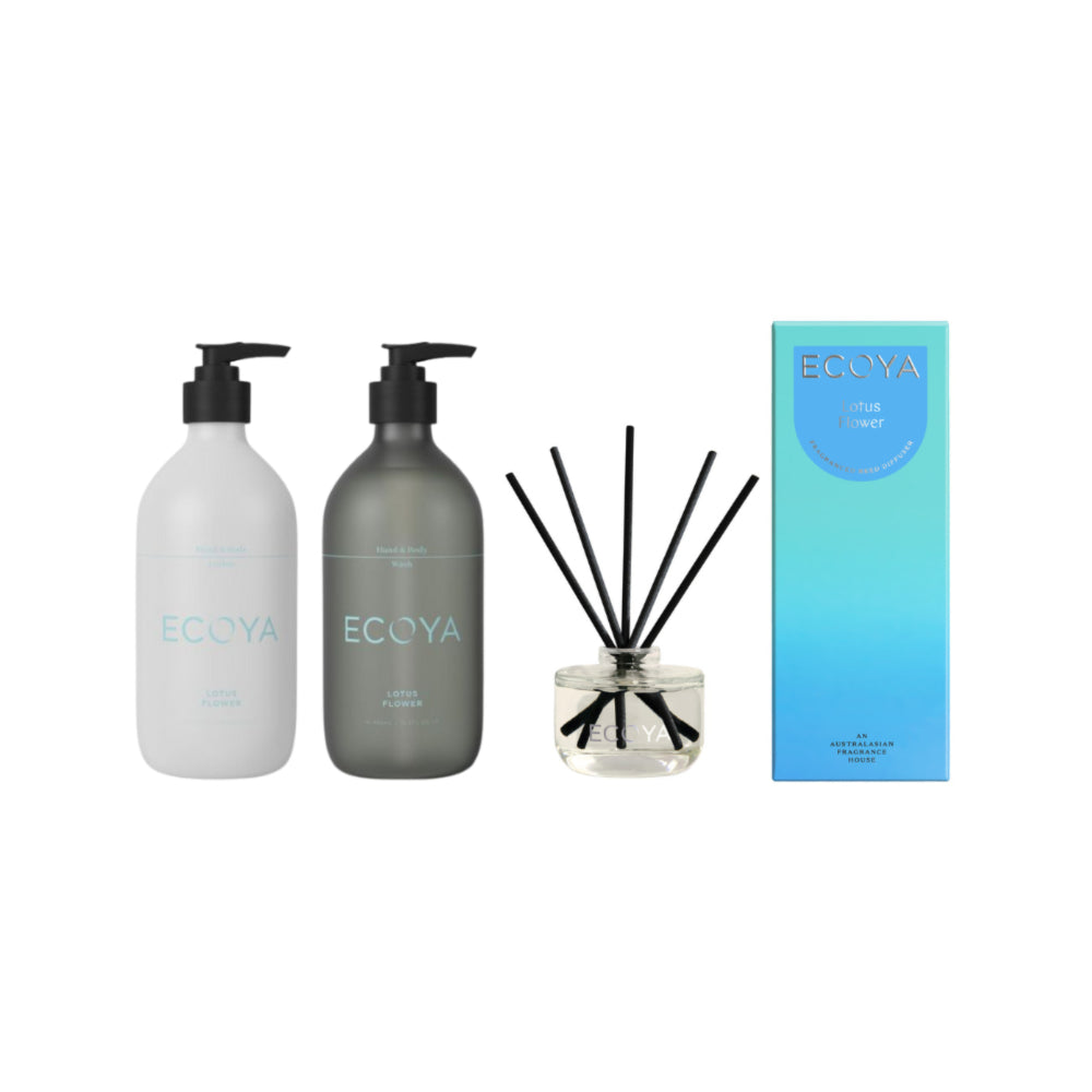 Ecoya Lotus Flower Fragrant Bathroom Set- Hand & Body Wash, Lotion, Mini Diffuse