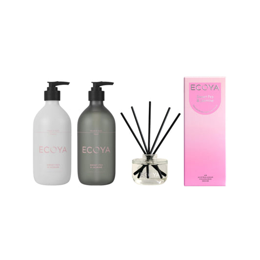 Ecoya Sweet Pea & Jasmine Bathroom set - 450ml Wash, Lotion, 50ml Diffuser