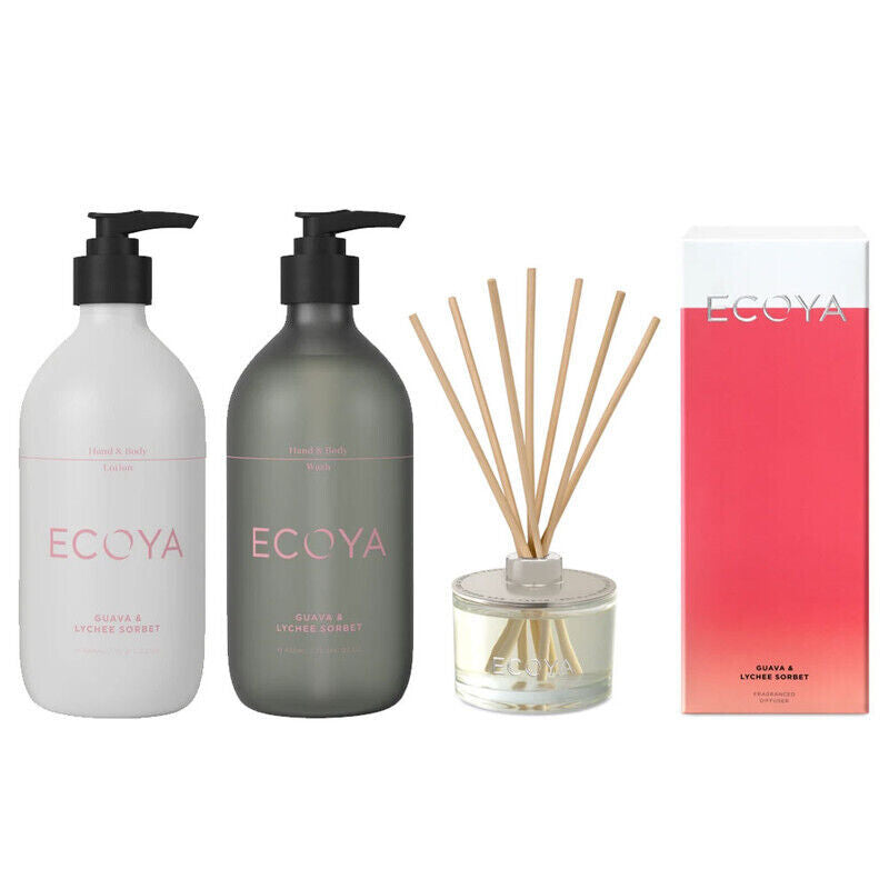 Ecoya Guava & Lychee The Fragrant Bathroom set -  Hand & Body Wash, Lotion and M