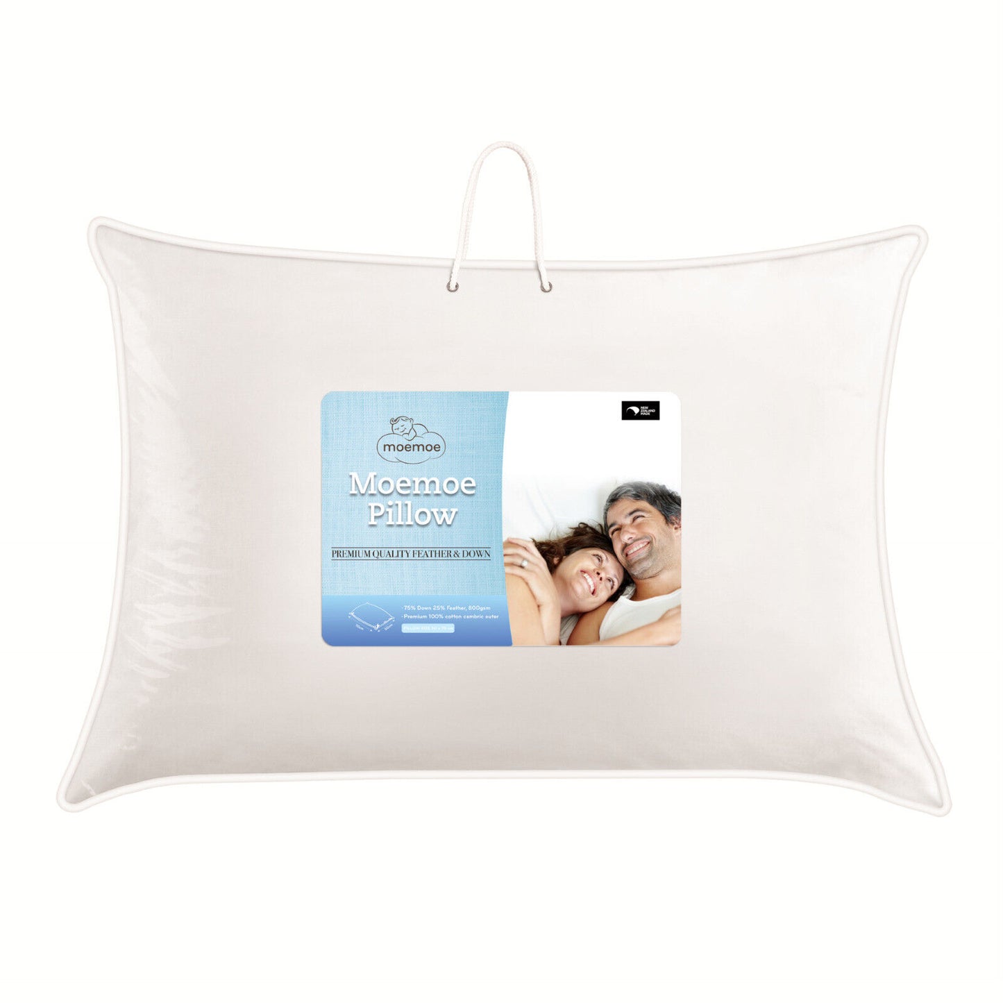 Moemoe Premium 75/25 Feathers & Down Standard Pillow, NZ Made, 800GSM, 50x70cm