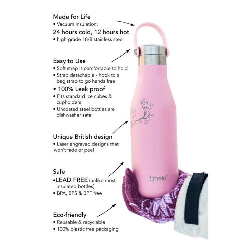 O'Helo 500ml Double Walled Insulated Drink Bottle With Etched Blossoms - Pink