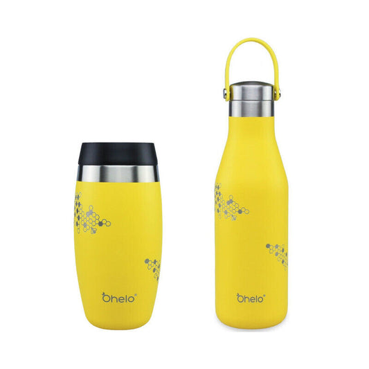 O'Helo Yellow Bottle & Tumbler With Etched Bee - OH-BT-YW-BEE