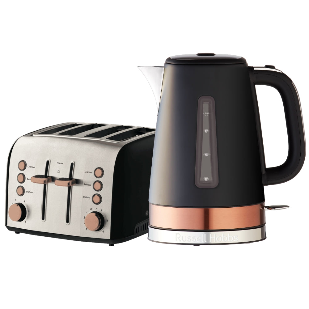 Russell Hobbs Brooklyn 4 Slice Toaster Kettle Set - Black/Copper