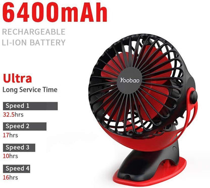 Yoobao 6400mAh Rechargeable Portable USB Low-noise/Noiseless Mini Clip On Fan